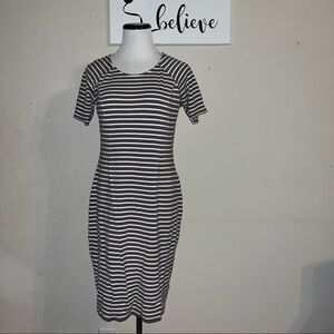 Decollection white and gray Striped short sleeve dress with zipper closure